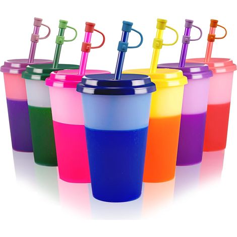 Gobelet Plastique Enfant Reutilisable Verre avec Couvercle et Paille - 7 Pièces Tasse à Couleurs Changeantes, Tasse Noel, Tasse Cafe, Travel Mug Voyage, 12oz 350ml (Avec Silicone Couvre Paille) (1/5)