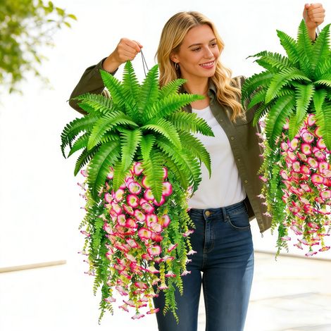 4 PCS Plantes Artificielles Suspendues Fougère Boston et Herbe Persane, Plantes Tombantes Réalistes Résistantes UV, Décoration Intérieur Extérieur Balcon Terrasse Jardin (1/5)