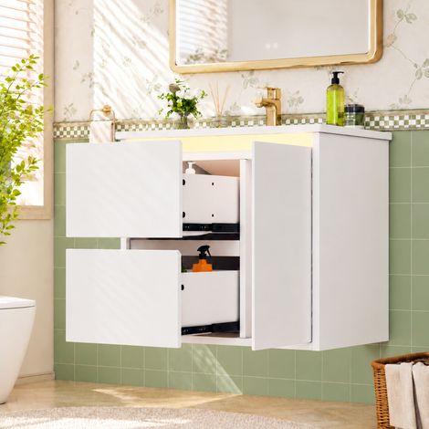 Meuble lavabo suspendu mural 61x46,5x57 cm, finition laquée intégrale, miroir LED avec détecteur de mouvement, charnières amorties, vasque céramique blanche incluse. (1/5)