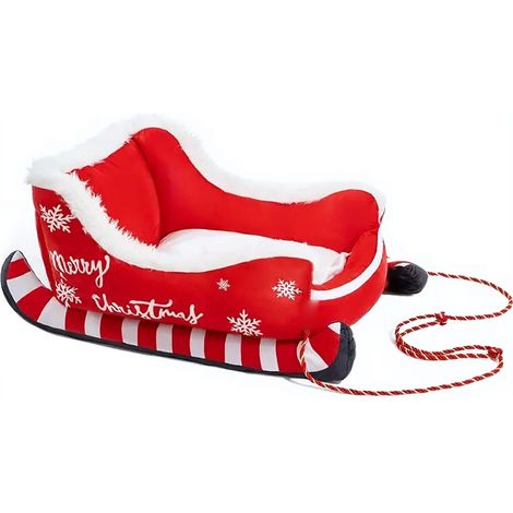 Lit traîneau Noël pour chien et chat, peluche douce lavable chaude pour maison, rouge S 50x38x26cm (1/5)