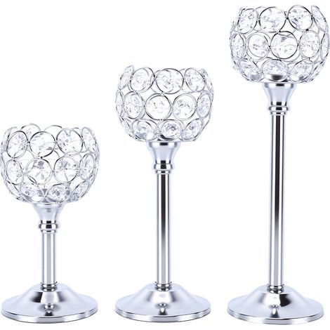 Lot de 3 bougeoirs en cristal argentés pour bougies chauffe-plat, parfaits pour un mariage, une fête ou une table à manger. (1/5)