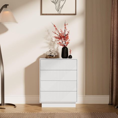 UEV Commode à 4 Tiroirs, Surface Motif Spécial Gravure avec Une Touche Soyeuse, Grand Espace Rangement, Tiroir à Ouverture par Poussée, pour Salon, Chambre, 60 x 33,5 x 77,5 cm, Blanc