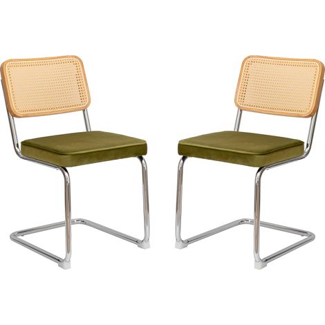 Ensemble de 2 chaises de salle à manger en rotin tissé et velours avec pieds en chrome style mi-siècle moderne (1/5)