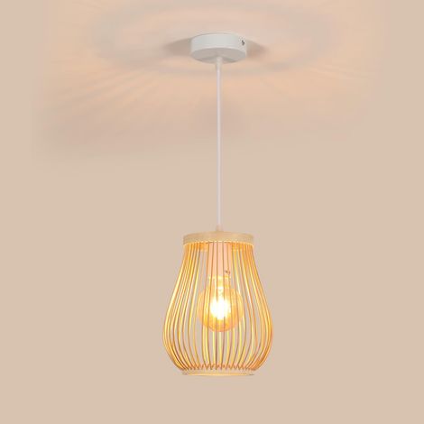 Suspension Luminaire Vintage en Bois Rotin, E27 Lustre Plafonnier (1/5)