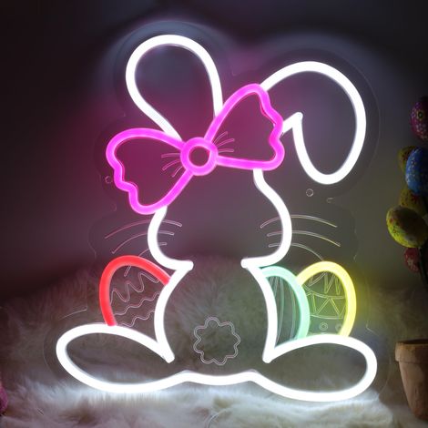 Décoration murale néon Lapin de Pâques, mignon lapin LED pour chambre, salon, fête, néon alimenté par USB (1/5)