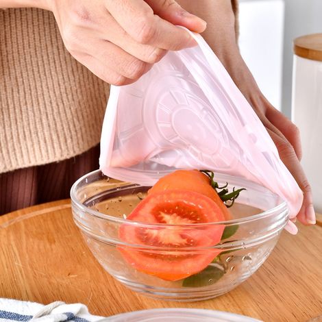 Lot de 6 couvercles extensibles réutilisables en silicone rose pour la conservation des aliments et des fruits dans les bols. (1/5)