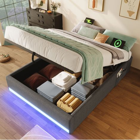 Cama tapizada de lino gris 90x200 cm con almacenaje hidráulico, LED, USB y Tipo-C (1/5)