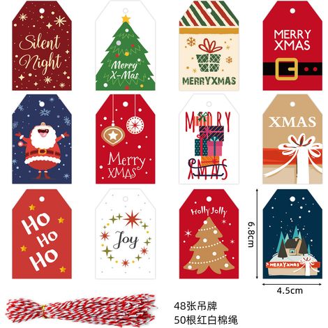 Étiquettes de Noël en papier kraft 48 pcs + ficelle rouge et blanche 50 m / Décoration arbre et cadeau (1/2)