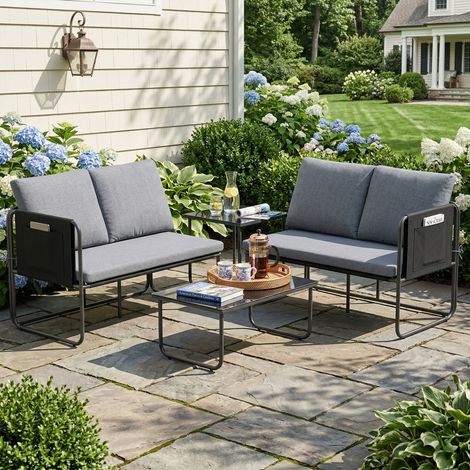 Set da giardino per esterni composto da 4 pezzi: 2 divani a due posti, 2 tavolini in vetro, cuscini, fodere rimovibili e tasche, colore grigio. (1/5)