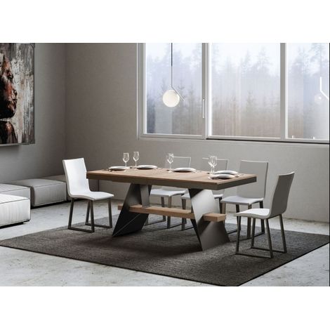 Table à rallonges bois clair et pieds métal gris 6 à 12 places L 160 à 264 cm Bary (1/5)