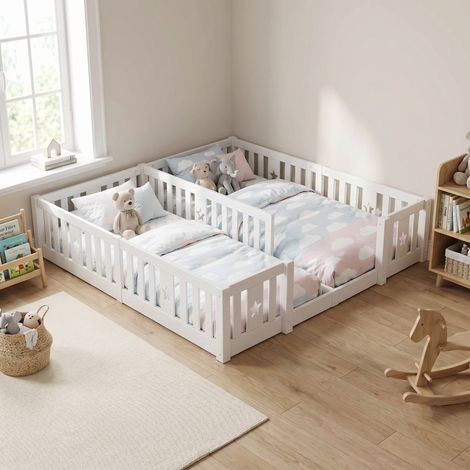 Lit enfant 90x200(x2), Lit au sol avec barrière, Bois de pin massif, Motif étoiles, sommier non inclus, Style Montessori, Blanc
