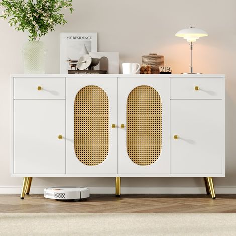 Buffet commode blanc 140x35x82 cm 4 portes 2 tiroirs étagères réglables style naturel salon cuisine (1/5)