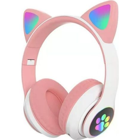 Casque Bluetooth Pour Fille Chat Oreille, Casque Stéréo Pliable Avec lumière LED / PS4 / PC / Tablette / TV (rose + blanc) (1/4)