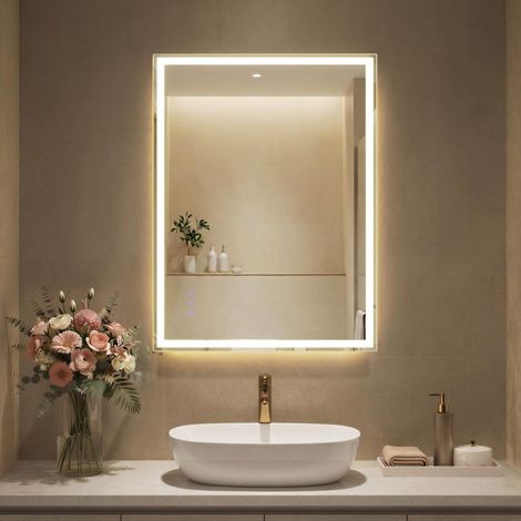 Miroir de Salle de Bain avec Éclairage, Miroir Mural Rectangulaire, Anti-buée, Température et Luminosité Réglables, pour Coiffeuse, Chambre, 70,7 x 50,7 cm, Blanc Nuage LWM212WC02 (1/5)