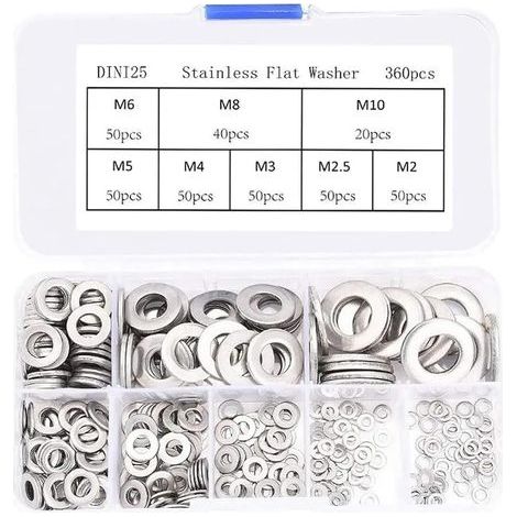 de 360 ​​rondelles plates en acier inoxydable,rondelle plate, entretoise M2 M2.5 M3 M4 M5 M6 M8 M10, kit de fixation de rondelles métalliques (1/5)