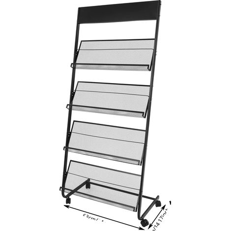 Portariviste a 4 ripiani, struttura in metallo resistente, colore nero. (1/2)