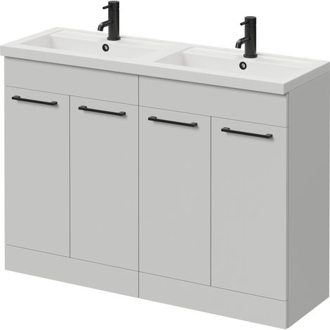 Napoli 390 Gloss Grey Pearl 1200mm 4 Door Vanity Unit with Double Lucia Basins - 1200mm - Matt Black 160mm Handle