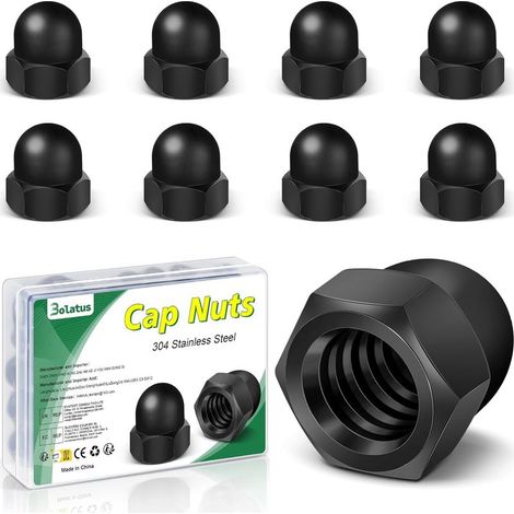 Lot de 10 écrous à chape M12 noir, Bolatus haute forme Écrous à chape hexagonaux de haute qualité, écrous à capuchon en acier inoxydable pour vis tiges filetées et boulons filetés, écrou borgne moto (1/5)