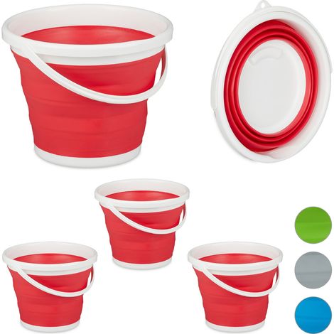 Relaxdays Set of 4 Folding Buckets, 10L Mopping Bin, Collapsible for Car, Camping and Festivals, Red