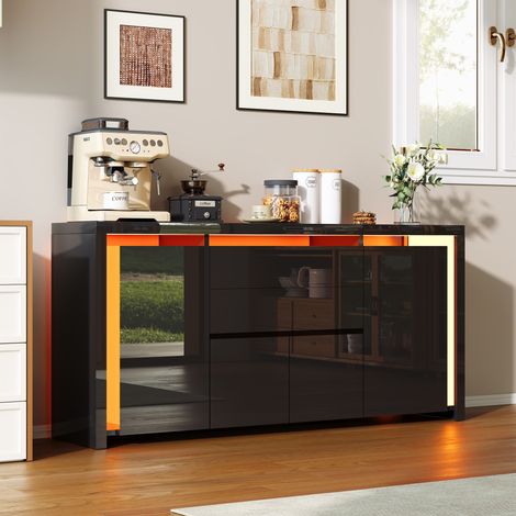 Buffet de Cuisine avec éclairage LED, Buffet bas,Bahut de Salle à Manger avec 4 Portes et 2 Tiroirs, Buffets pour Salon, Cuisine et Entrée, Design Haut Brillant,Noir,160x35x75cm (1/5)
