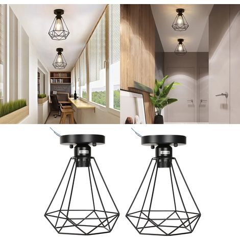 Plafonnier minimaliste style rétro industriel E27 en fer noir, cage métallique, idéal pour une ambiance champêtre américaine (lot de 2). (1/5)