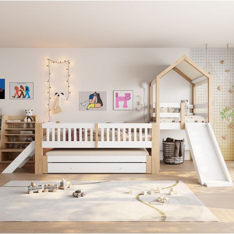 Letto a soppalco per bambini in legno 90x200 cm con letto estraibile 90x190 cm, scivolo, scaletta laterale, bianco/naturale (1/5)