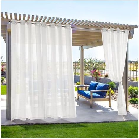Lot de 2 Rideaux Voilages d'extérieur, avec œillets, pour Portails de Terrasse, 134 x 210 cm (H x L), Blanc Résistants aux Intempéries (1/5)