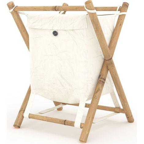 Cesta de ropa Bami en tela blanca y bambú