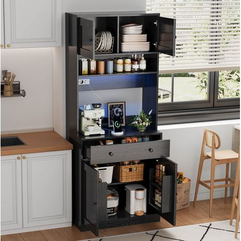 Mueble alto de cocina 180 cm con LED, enchufe y gran cajón MDF negro HAVRYA (1/5)