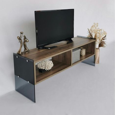Meuble TV design montants verre fumé et décor noyer SALTA (1/5)