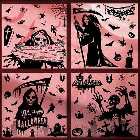 Pegatinas de Halloween para ventanas, calcomanías de siluetas de Halloween, decoraciones gigantes de siluetas espeluznantes para ventanas y paredes de vidrio, color negro. (1/5)