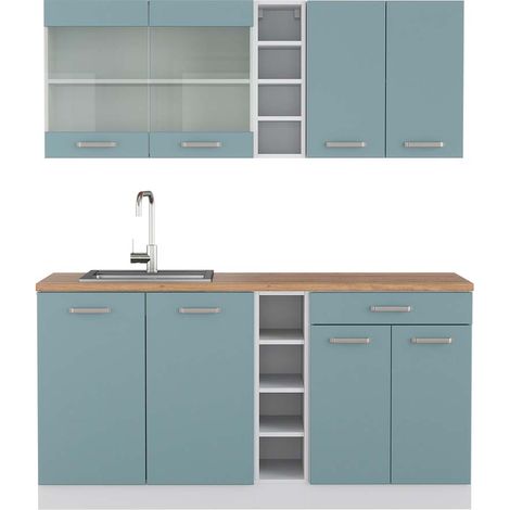 Cucina completa R-Line, Blu-grigio/bianco, 160 cm , PL Rovere, Vicco