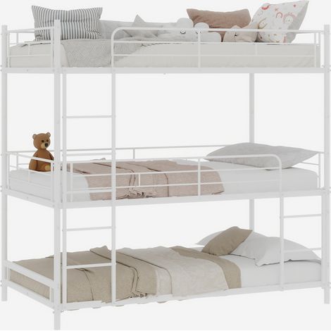 Cadre de lit superposé triple solide avec échelle intégrée et barrière de sécurité continue, fixé au sol pour enfants, adolescents et adultes, idéal pour chambre ou dortoir, sans besoin de sommier à l