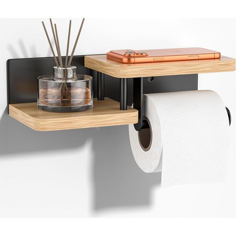 Toilettenpapierhalter mit Ablage – Eiche & Edelstahl, Schraublöcher, Küchenrollenhalter aus Bambus für Bad und Küche (1/5)