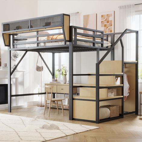 Lit mezzanine 140x200 avec échelle de sécurité et compartiment de rangement modulable, lit en métal, lit adulte, lit superposé enfant, noir, garantie 2 ans