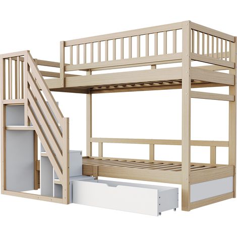 Litera 90x200 cm de madera con escalera de almacenaje, cajones y barreras (1/5)