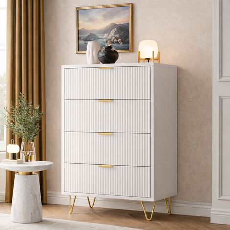 Commode chambre avec 4 tiroirs, meuble de rangement moderne, commode chambre adulte avec poignées et pieds dorés pour chambre à coucher, salon, blanc (1/5)