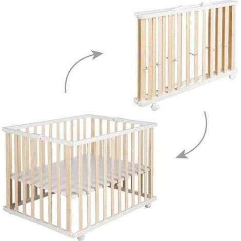 Parc bebé plegable ROBA 75 x 100 cm madera natural/blanco 2 alturas con ruedas