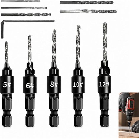 5 Pièces Jeu de Forets à Chanfreiner pour Bois, Mèches à fraiser remplaçables, Tige Hexagonale 1/4" Changement Rapide, Profondeur Réglable, Clé Hexagonale et Coffret pour Vis 5681012 (1/5)