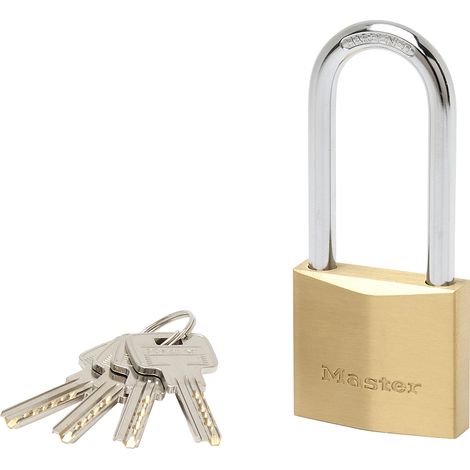 Master Lock 2950EURDLJ Schlüssel Vorhängeschloss aus extradickem Massivmessing und Länger Bügel, Gold, 11,5 x 5 x 1,7 cm (1/4)
