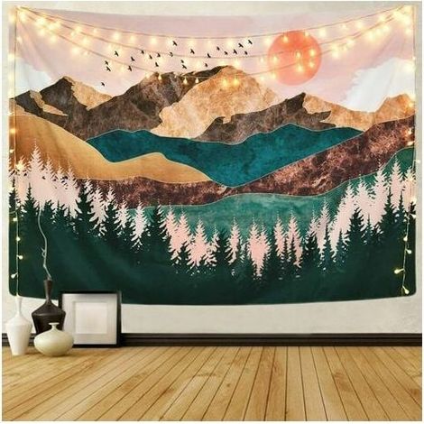 Tapiz de montaña, bosque, árbol, puesta de sol, decoración del hogar, tapiz de sol, tapiz de paisaje natural, tapiz colgante de pared para dormitorio, 51,2 x 59,1 (1/5)