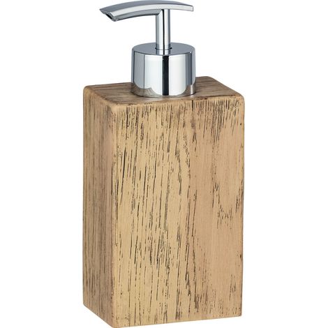 WENKO Distributeur Savon Liquide Marla, Capacité 350 ml, polyrésine effet bois, 7x16,5x5 cm, Marron (1/5)