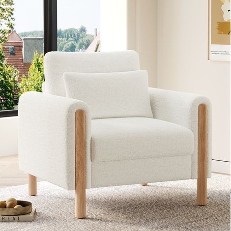 Poltrona in tessuto Plush bianco 87x83x88,5 cm con cuscino sfoderabile e struttura in legno massello (1/5)