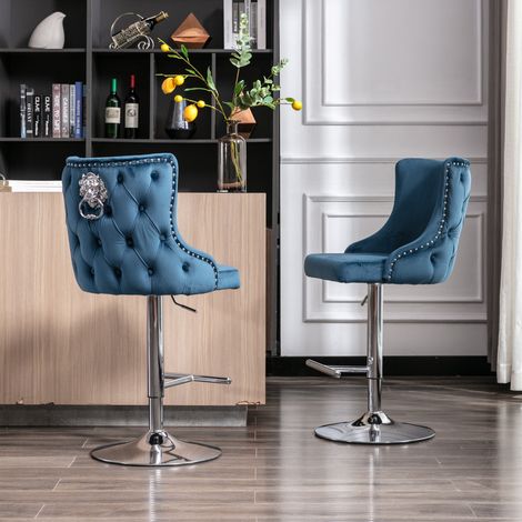 Wahson Lot de 2 tabourets de bar en velours bleu – Hauteur réglable 60-82 cm – Repose-pieds en métal – Design moderne avec dossier haut, Bleu