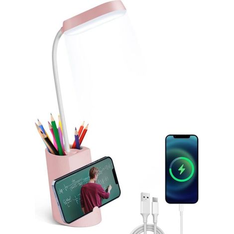 Lampe de Bureau Enfant, Lampe de Bureau LED Tactile Dimmable 3 Niveaux de LuminositéRe Chargeable Animal Desk Lamp Sans Fil, Porte-Stylo et Support - Rose-Fei Yu (1/5)