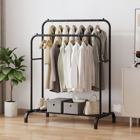 Portant a Vetement, Double, 110X150X54 cm, pour Chambre, Robuste, en Métal, avec Support pour Support à Chaussures, des Cintres Chemises, des Pantalons, des Vestes Fines (Noir Double) (1/5)
