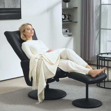 360° drehbarer Relaxsessel aus schwarzem Kunstleder mit Hocker, verstellbar, 70 x 79 x 105 cm (1/5)