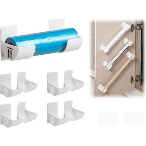 Aufbewahrungsmöglichkeit für Frischhaltefolie – Selbstklebendes Wandregal mit 4 Paar Halterungen für Badezimmerschrank, Kühlschrank, Küche, Wandorganisation, Rollen, Weiß (1/5)