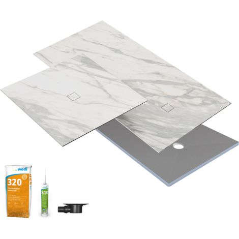 Receveur de douche à carreler 120 x 90 WEDI Fundo primo + revêtement Top marble white + colle + bonde horizontale + kit étancheité