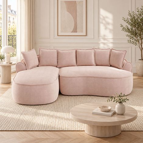 Canapé d’angle modulable 3 places en chenille rose 252x164 cm, méridienne profonde, mousse 32D, coussins, sans structure rigide (1/5)